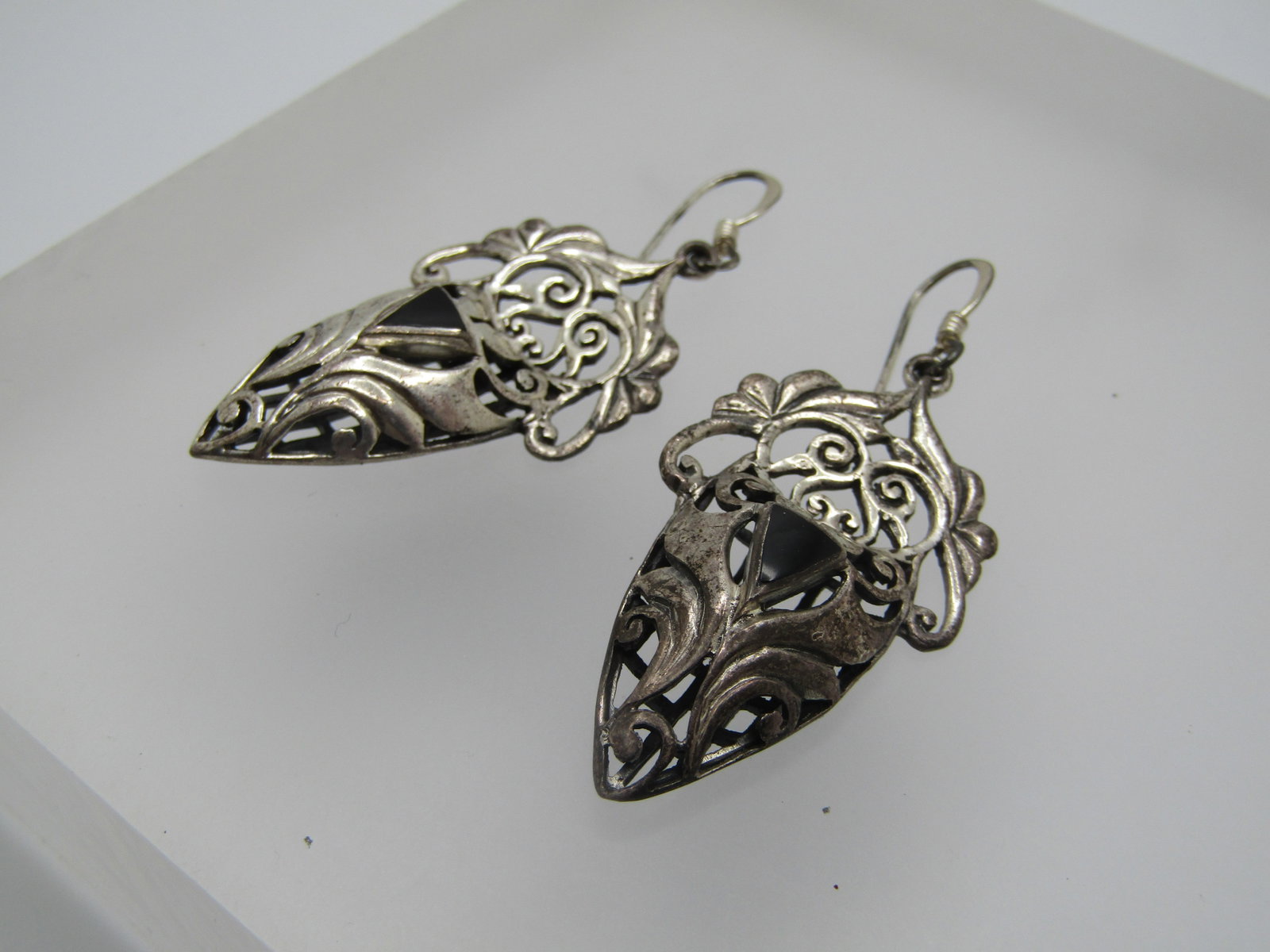 Vintage Sterling Onyx Scrolled Earrings, Pierced, 1980's-1990's - 2