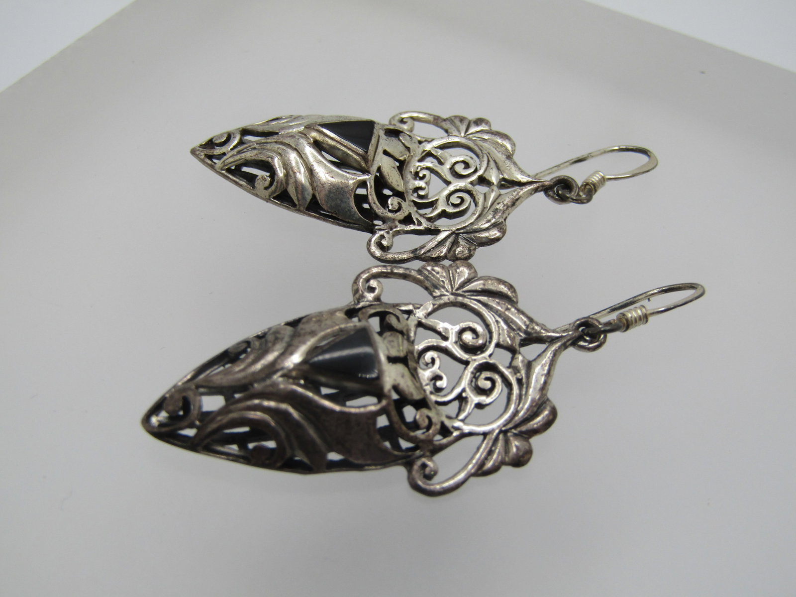 Vintage Sterling Onyx Scrolled Earrings, Pierced, 1980's-1990's - 3