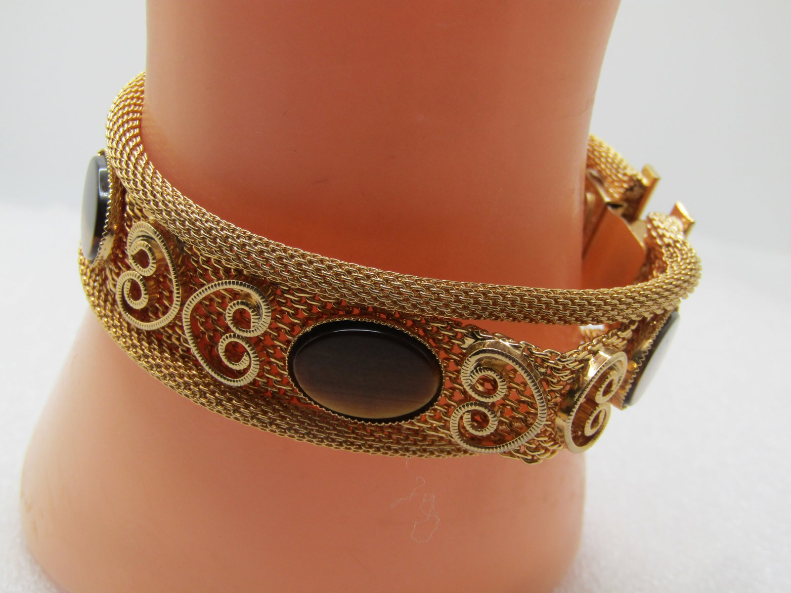 Vintage Mesh/Woven Tiger's Eye Bracelet, Signed Paradise, 7", 1960's-1970's: Vintage Mesh/Woven Tiger's Eye Bracelet, Signed Paradise, 7", 1960's-1970's. This has a mesh rounded strand on the outer edge on each side with a woven 12mm center that has five oval tiger's stones