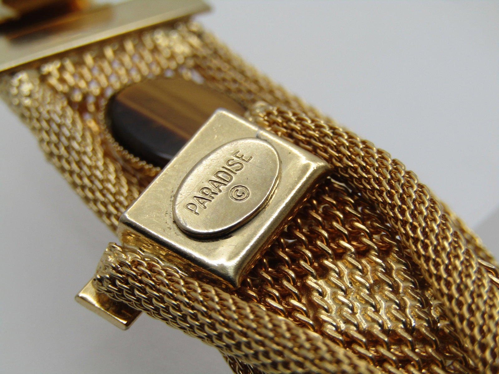 Vintage Mesh/Woven Tiger's Eye Bracelet, Signed Paradise, 7", 1960's-1970's - 4