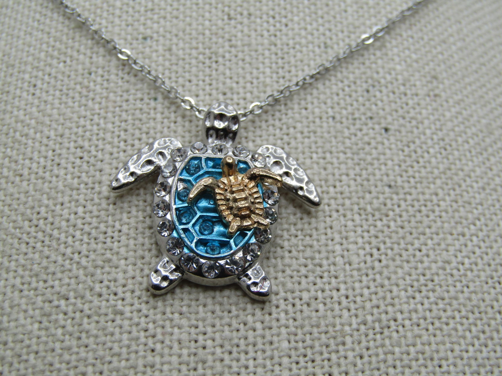 Enameled & Rhinestone Turtle & Baby Necklace, 20" - 2