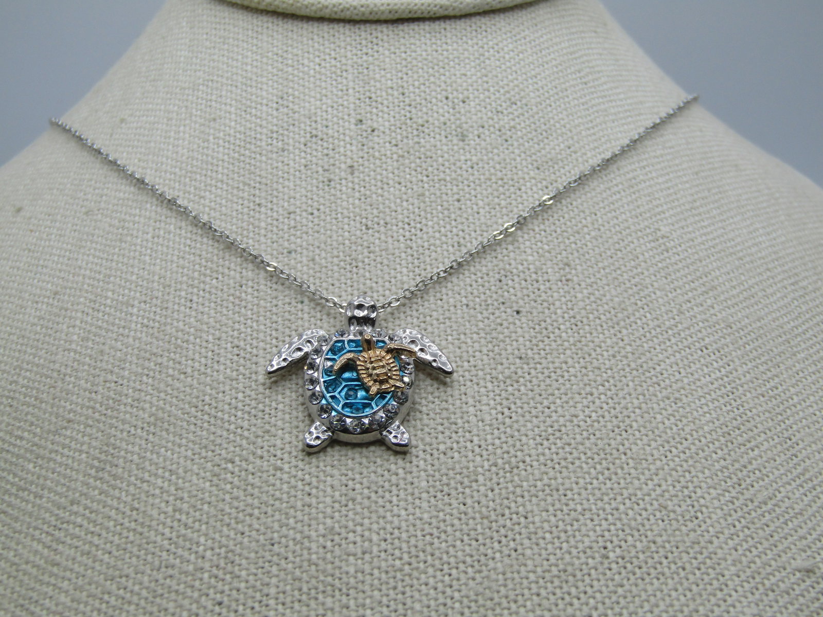 Enameled & Rhinestone Turtle & Baby Necklace, 20" - 3