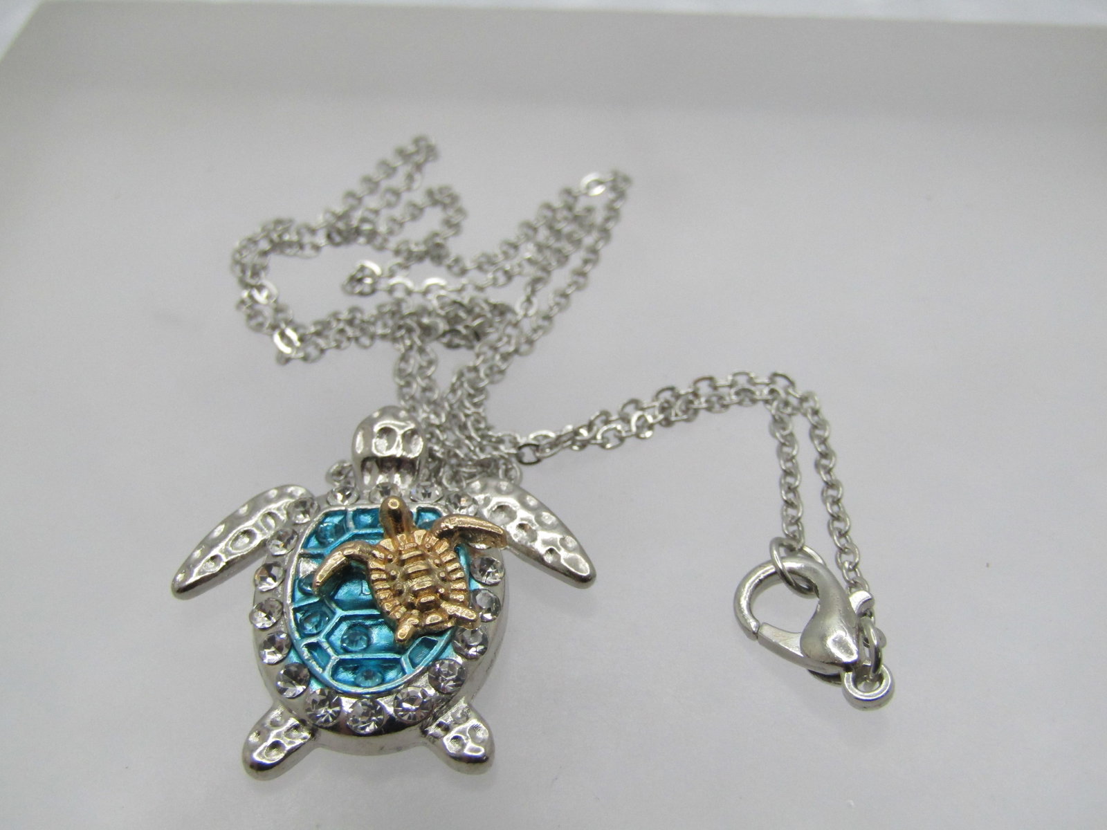 Enameled & Rhinestone Turtle & Baby Necklace, 20" - 5