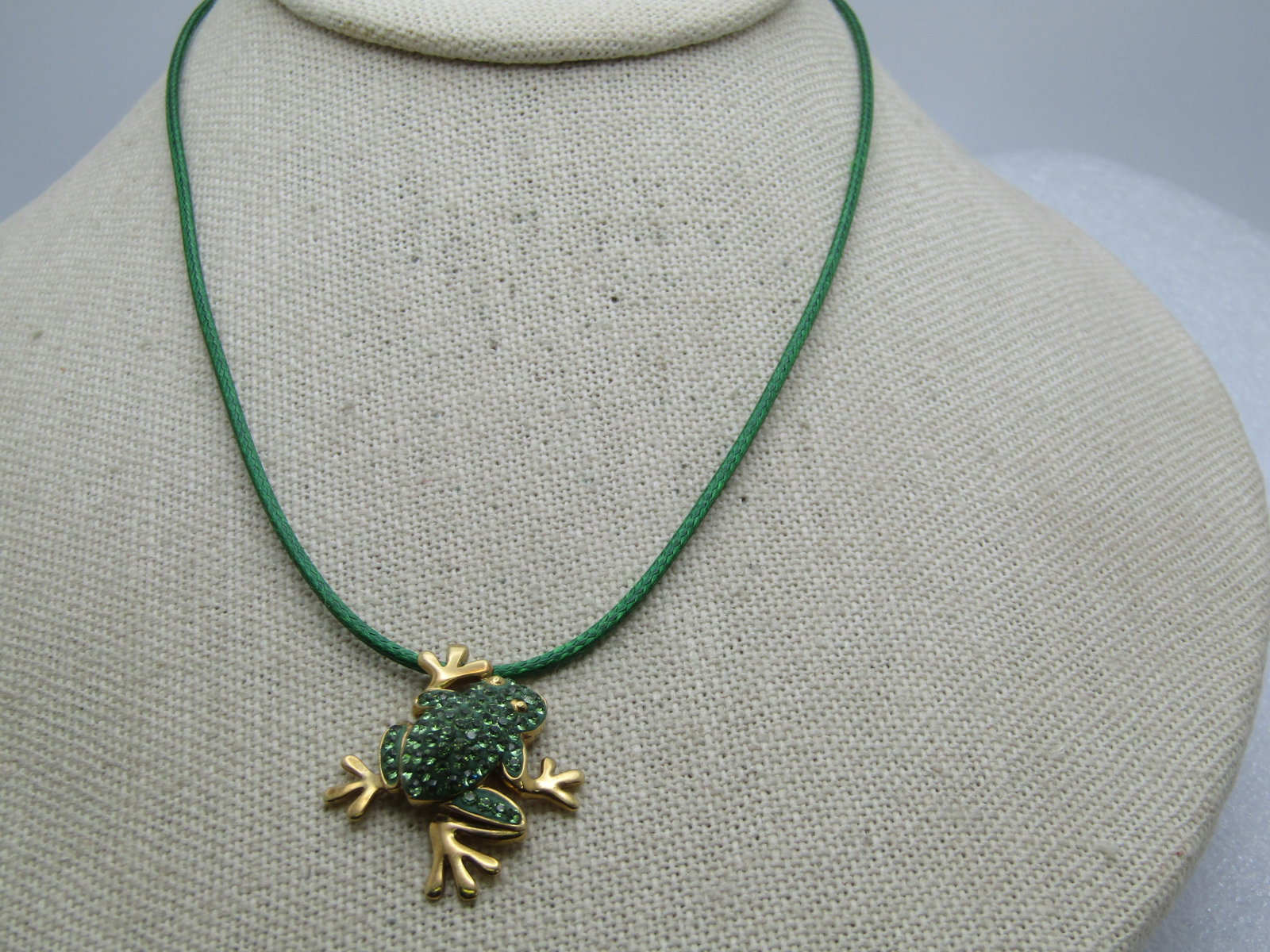 Sterling Rhinestone Enameled Frog Necklace, Goldwashed, 16"-18" Signed R.H. and TH (1 of 7)