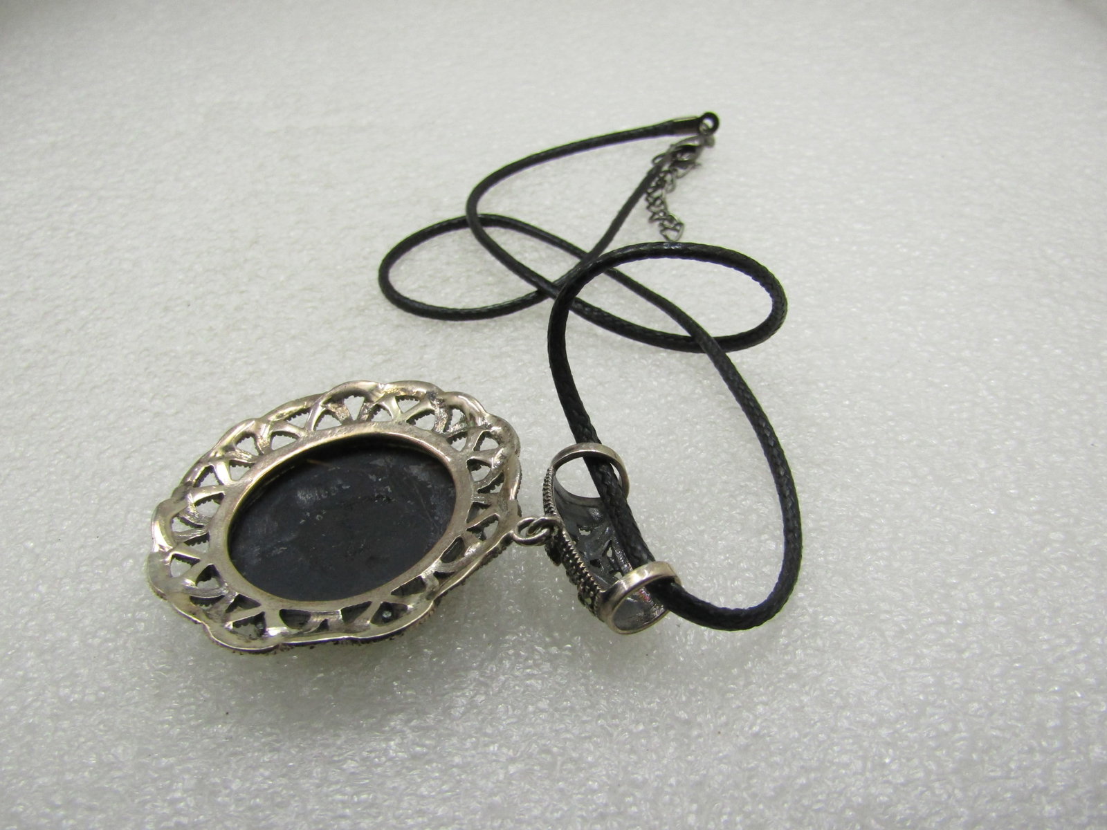 Vintage Sterling Marcasite & Onyx Necklace, 19" Black Leather - 5