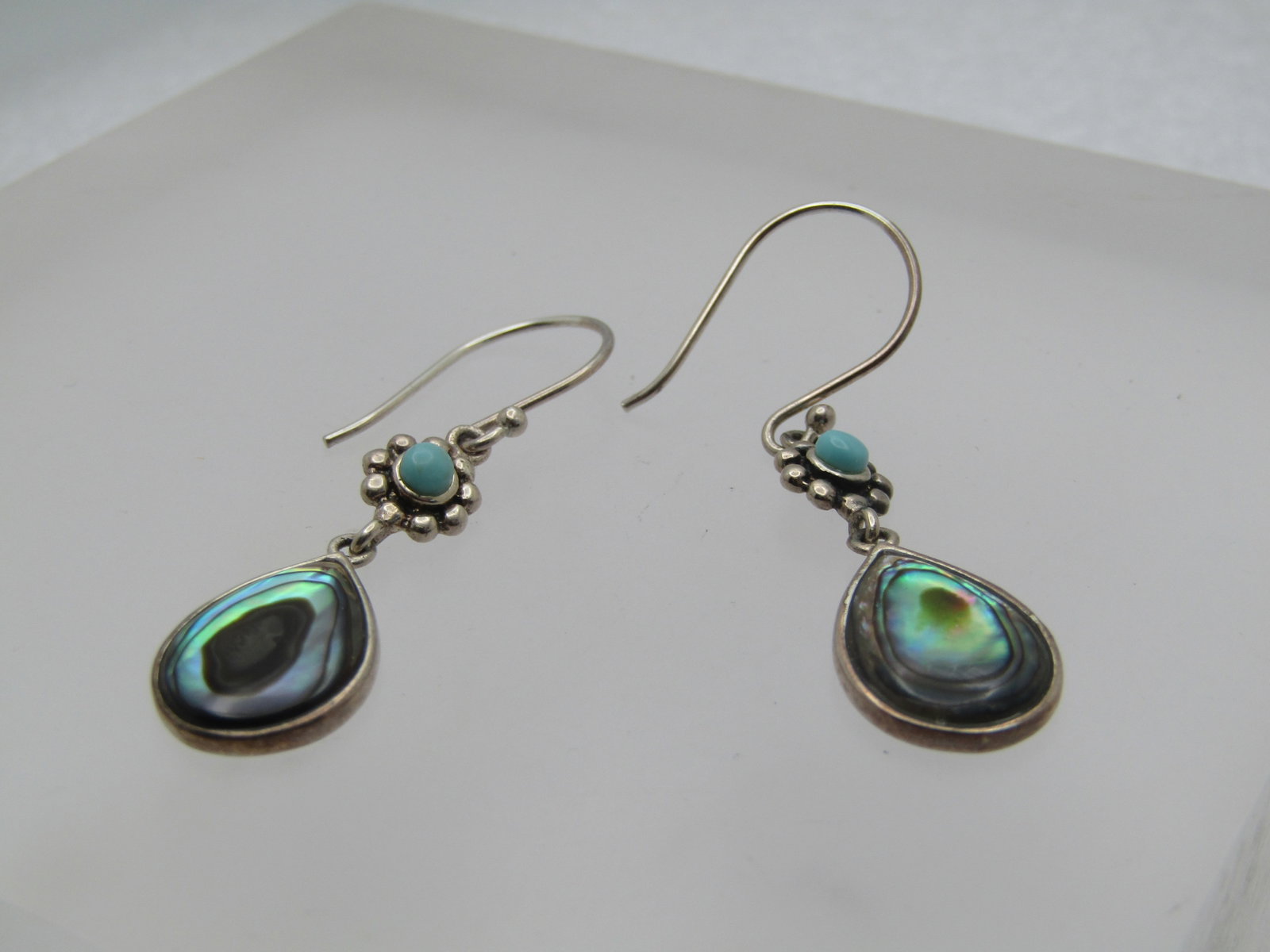Sterling Paua/Abalone Turquoise Earrings, Pierced, 1990's, Signed (1 of 5)