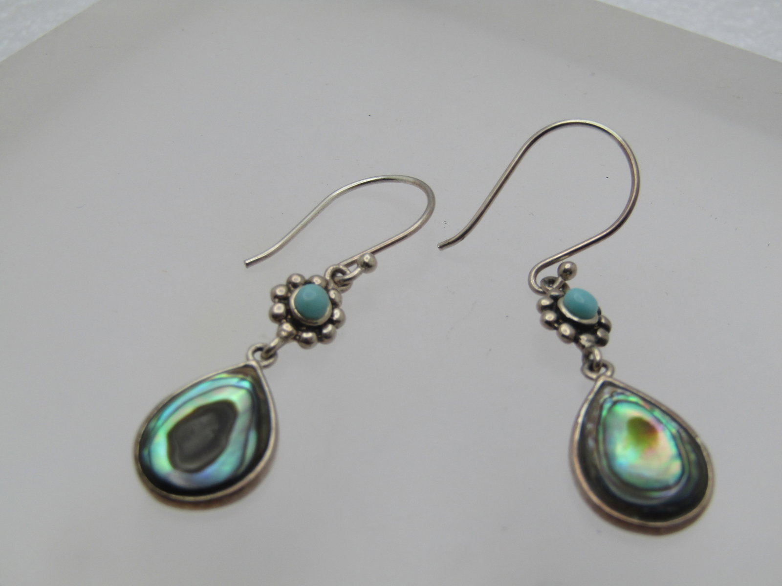 Sterling Paua/Abalone Turquoise Earrings, Pierced, 1990's, Signed - 2