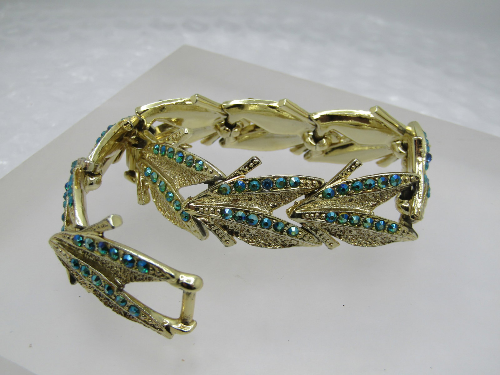 Vintage AB Peacock Rhinestone Leaf Bracelet, 7.5", 1960's - 2