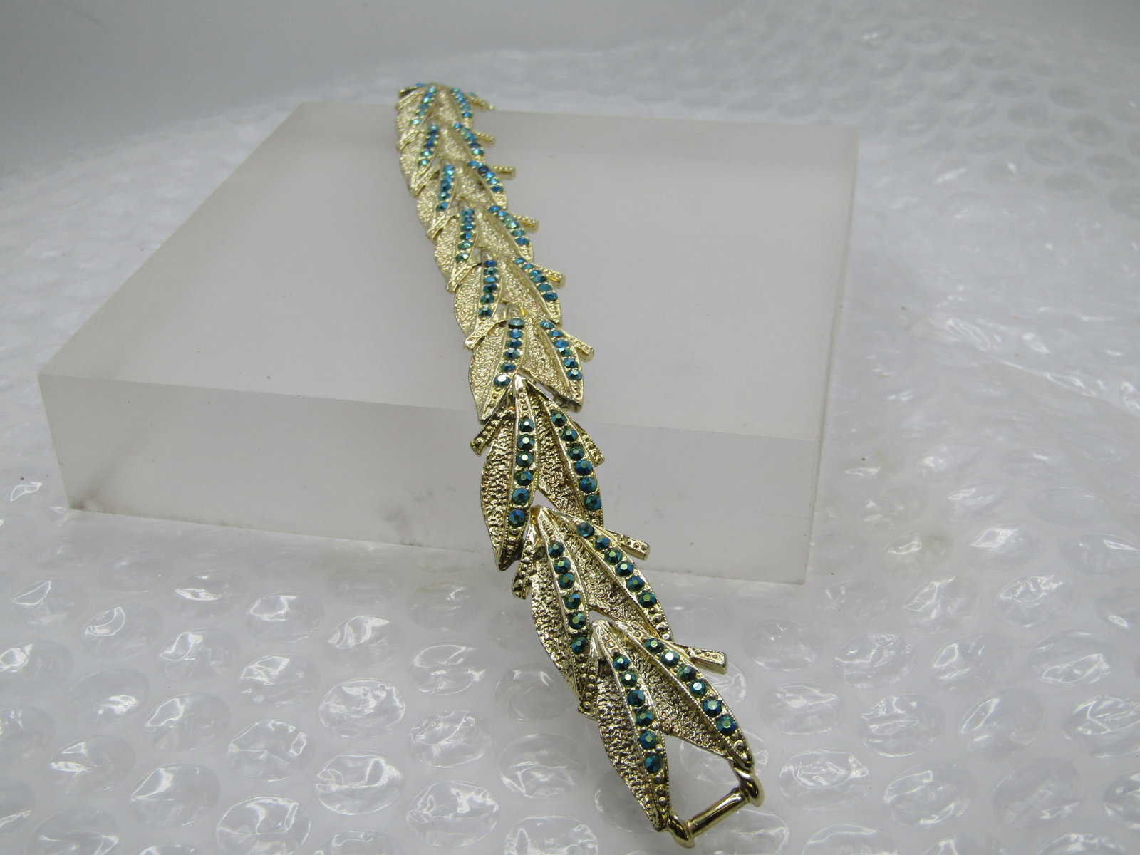 Vintage AB Peacock Rhinestone Leaf Bracelet, 7.5", 1960's - 3