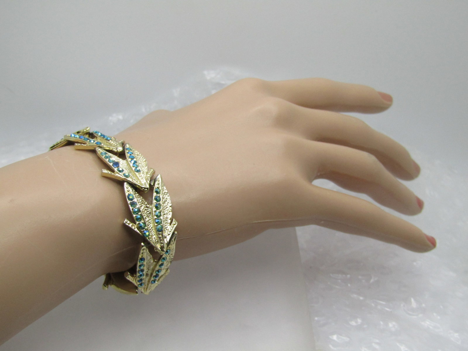Vintage AB Peacock Rhinestone Leaf Bracelet, 7.5", 1960's - 6