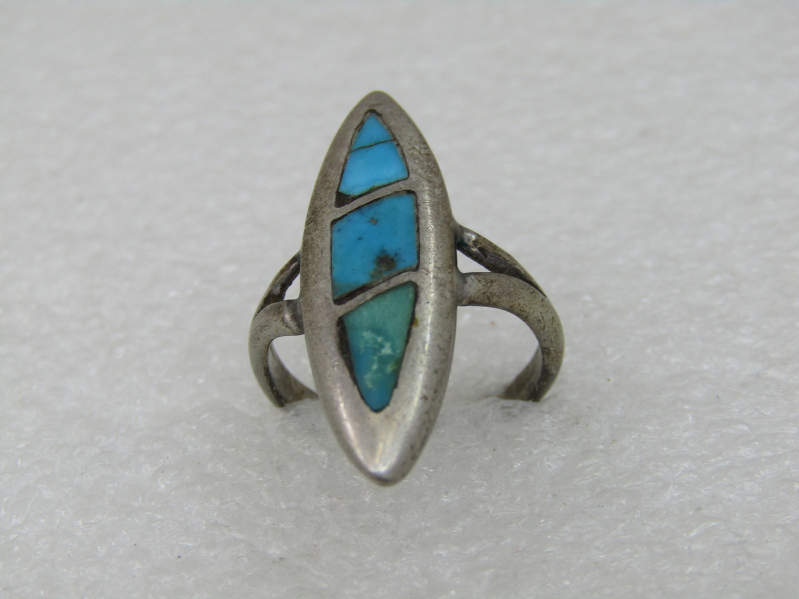 Vintage Stering Inlaid Turquoise Southwestern Ring, Sz. 5, 1.25" Long, - 2