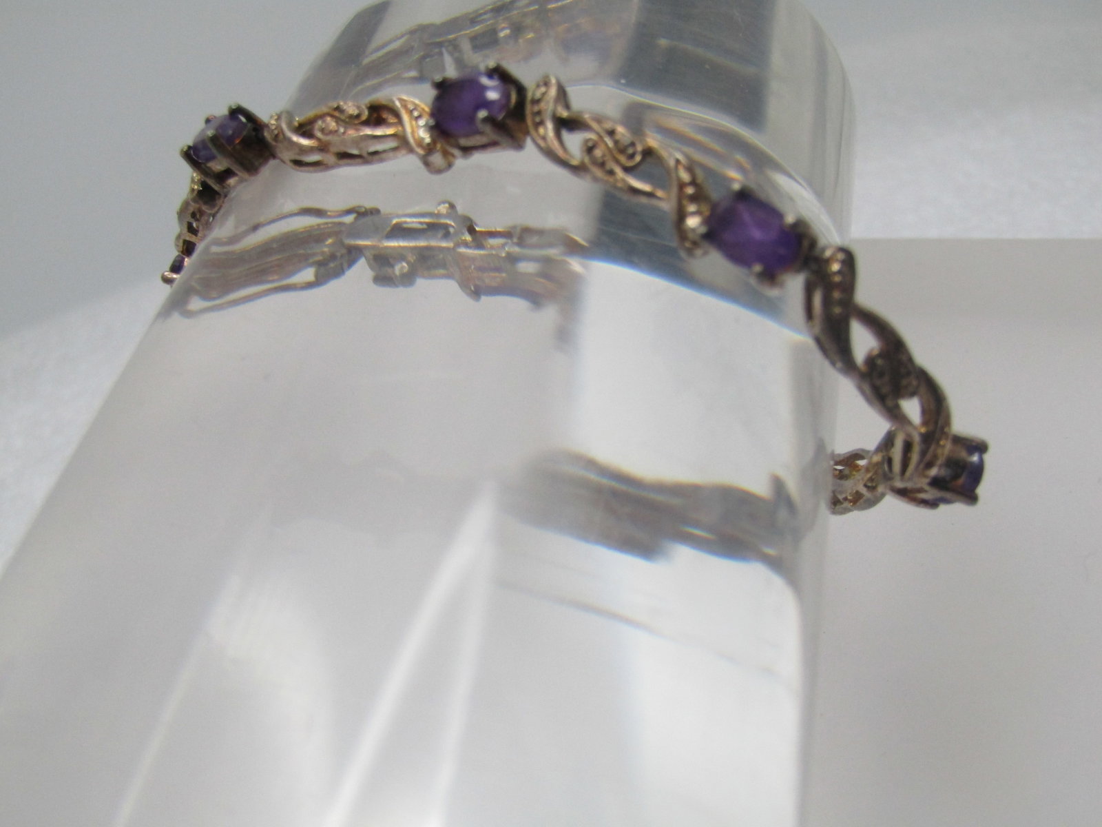Vintage Amethyst Tennis Bracelet 7.25", Illusion Box Clasp, Safety Clips, 1980's-1990's - 2