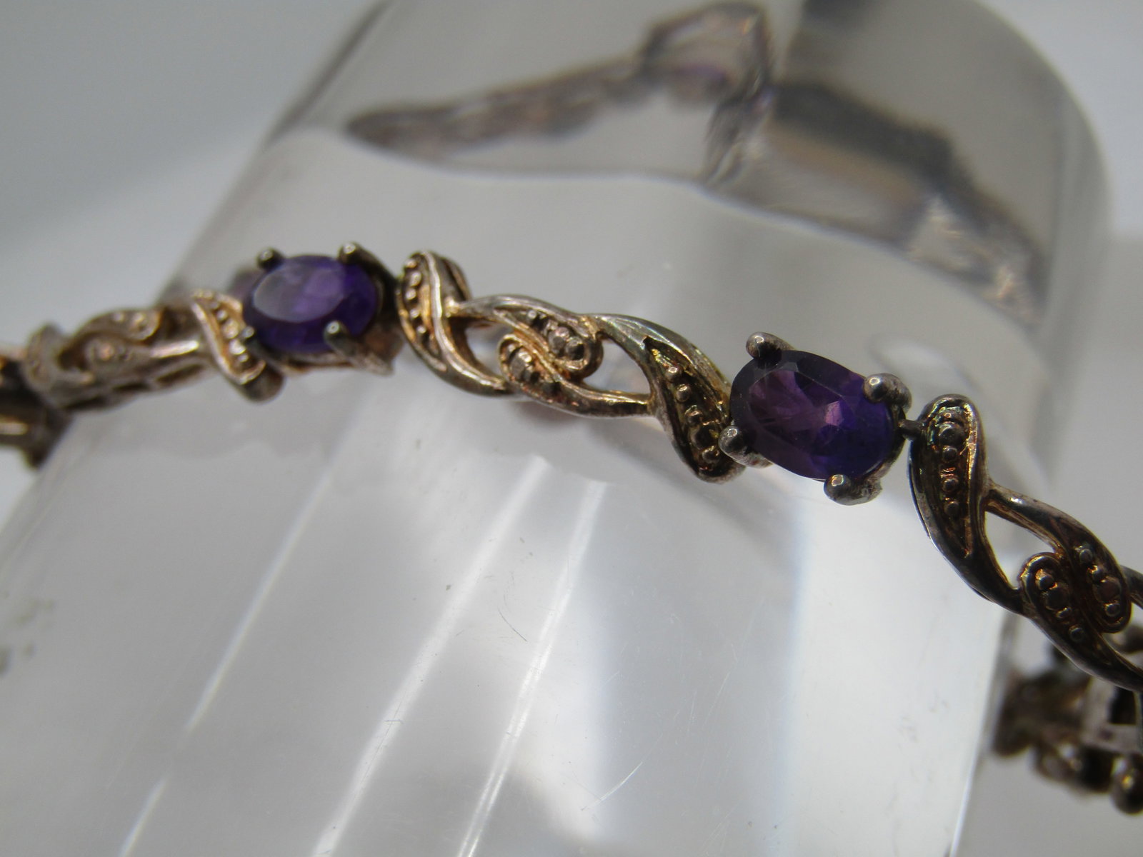 Vintage Amethyst Tennis Bracelet 7.25", Illusion Box Clasp, Safety Clips, 1980's-1990's - 3