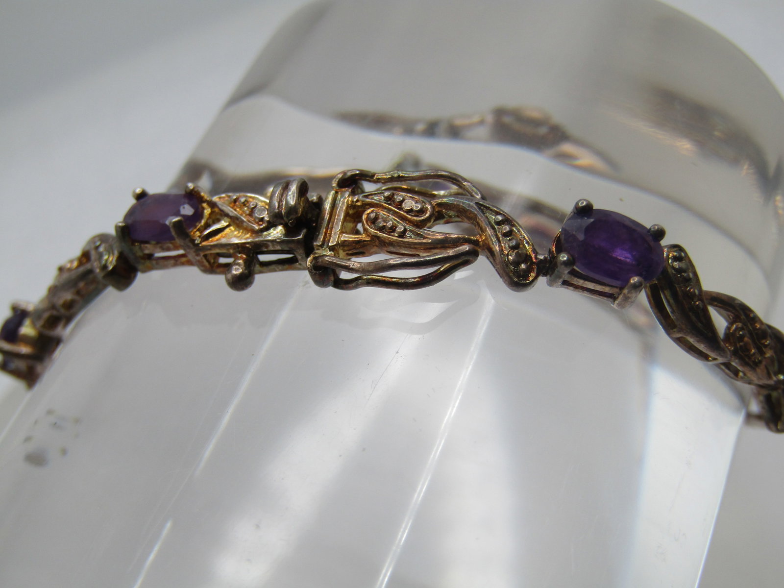 Vintage Amethyst Tennis Bracelet 7.25", Illusion Box Clasp, Safety Clips, 1980's-1990's - 4