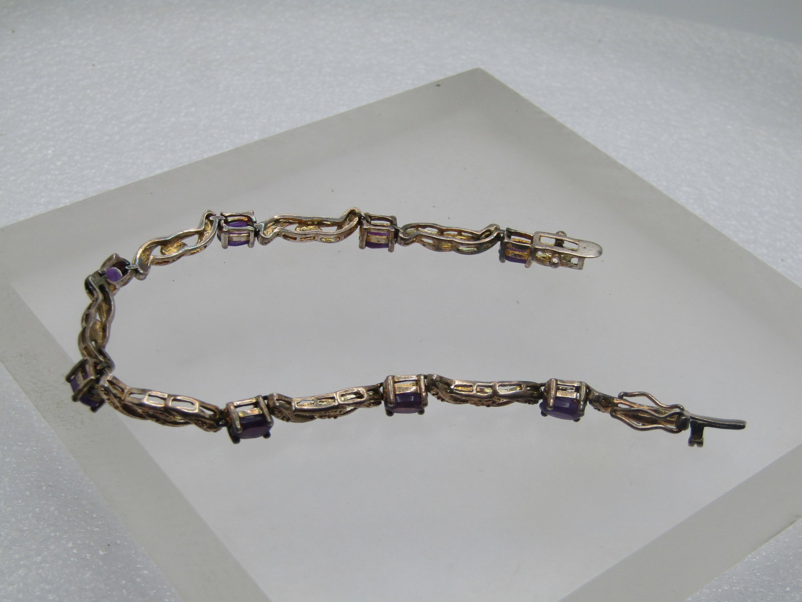 Vintage Amethyst Tennis Bracelet 7.25", Illusion Box Clasp, Safety Clips, 1980's-1990's - 5