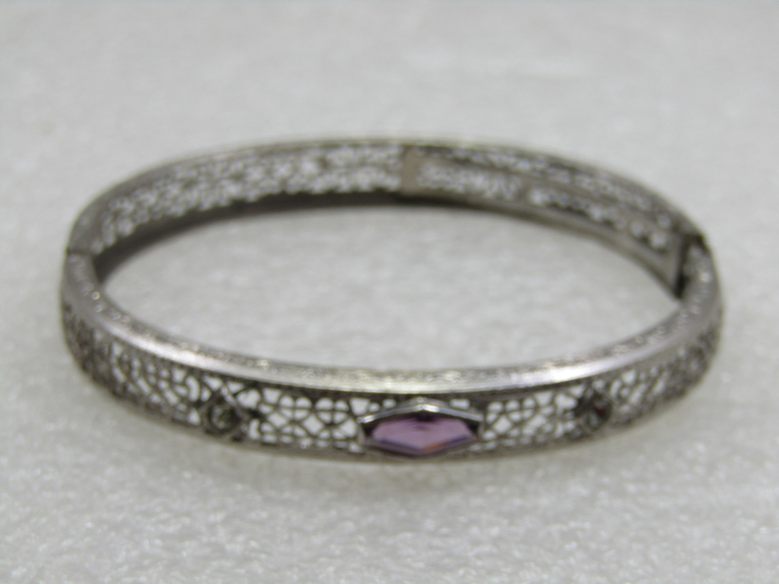 Vintage Art Deco Slide Bangle Bracelet, 7" Purple Stone, Signed RMCO. - 6