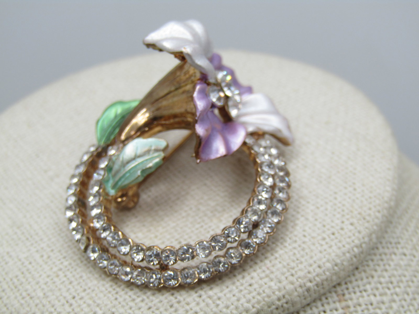 Enameled & Rhinestone Trumpet Flower Brooch, 1.5" - 3