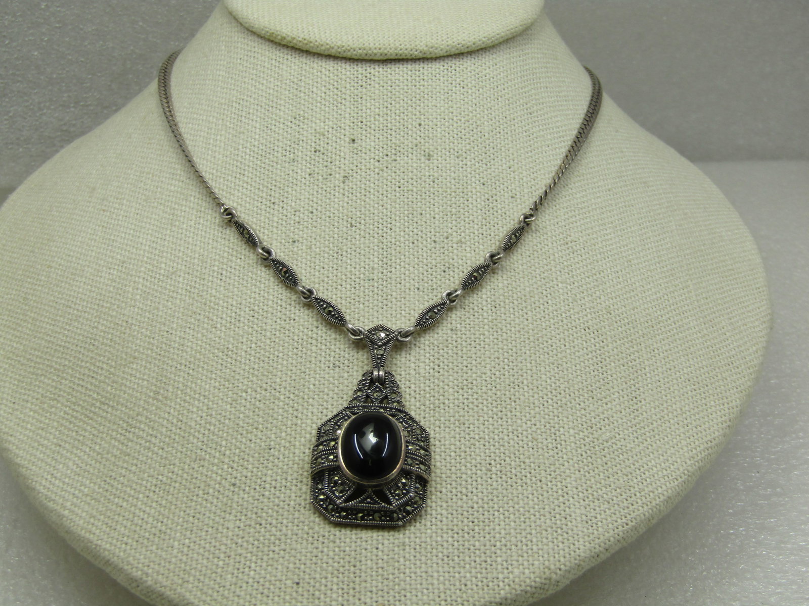 Vintage Sterling Onyx Lavalier Marcasite Lavalier Necklace, 16" (1 of 8)
