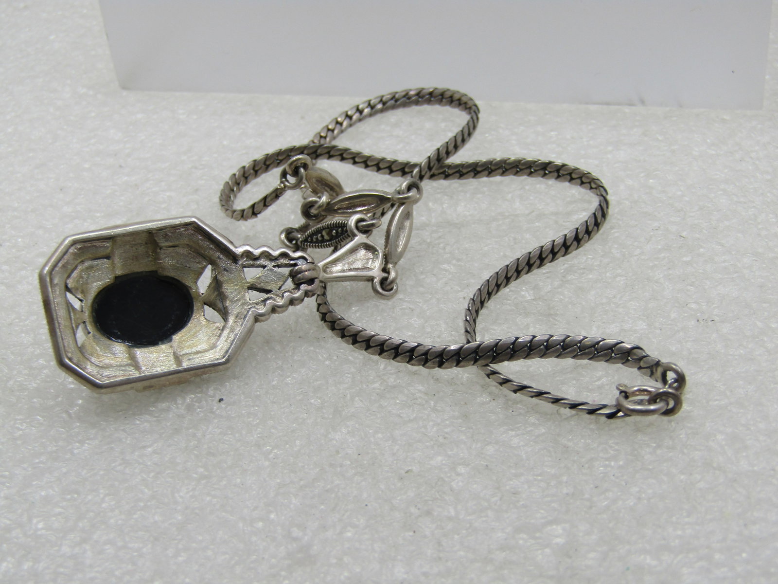 Vintage Sterling Onyx Lavalier Marcasite Lavalier Necklace, 16" - 7