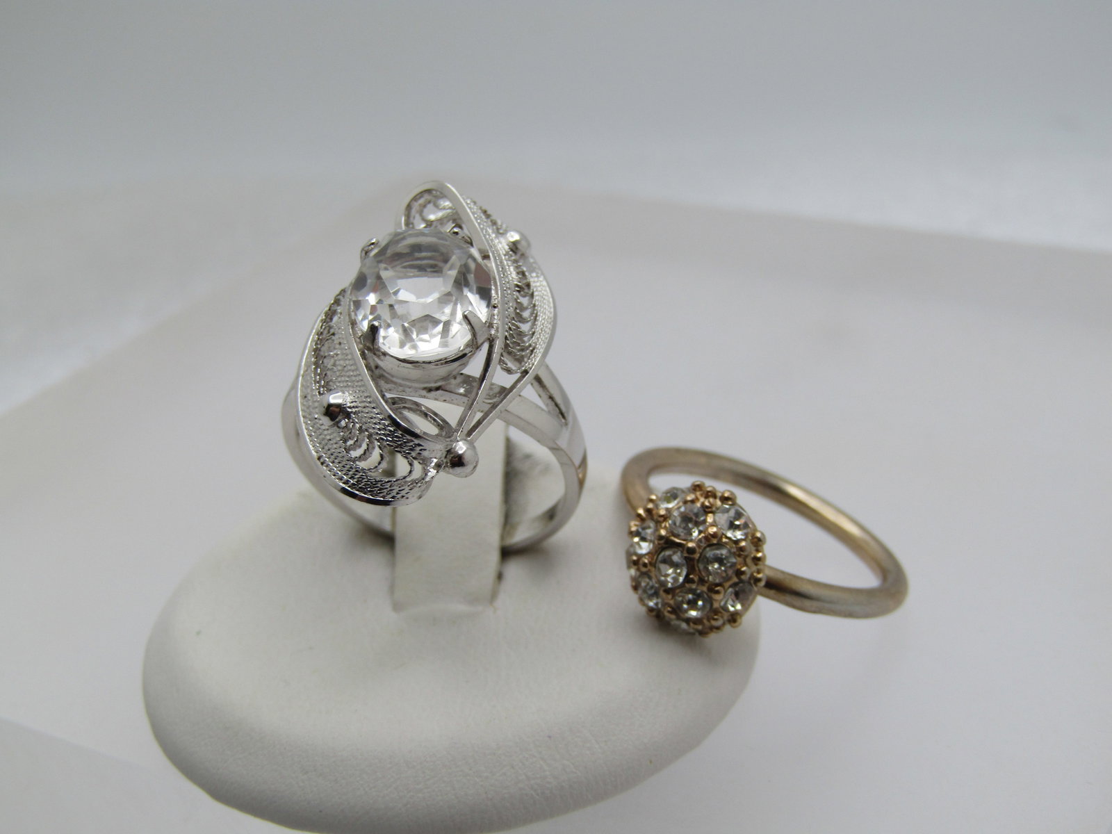 Vintage Sterling Filigree White Topaz Ring, Signed Sorrento, Sz. 7.75, 1 Costume Rhinestone Ring, - 2