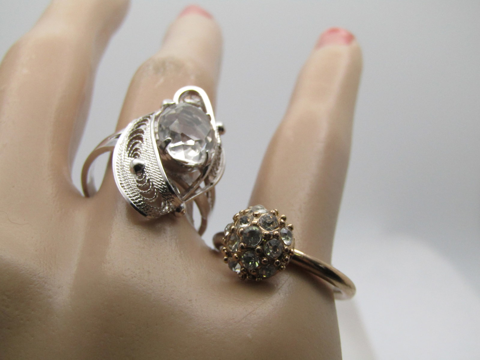 Vintage Sterling Filigree White Topaz Ring, Signed Sorrento, Sz. 7.75, 1 Costume Rhinestone Ring, - 5
