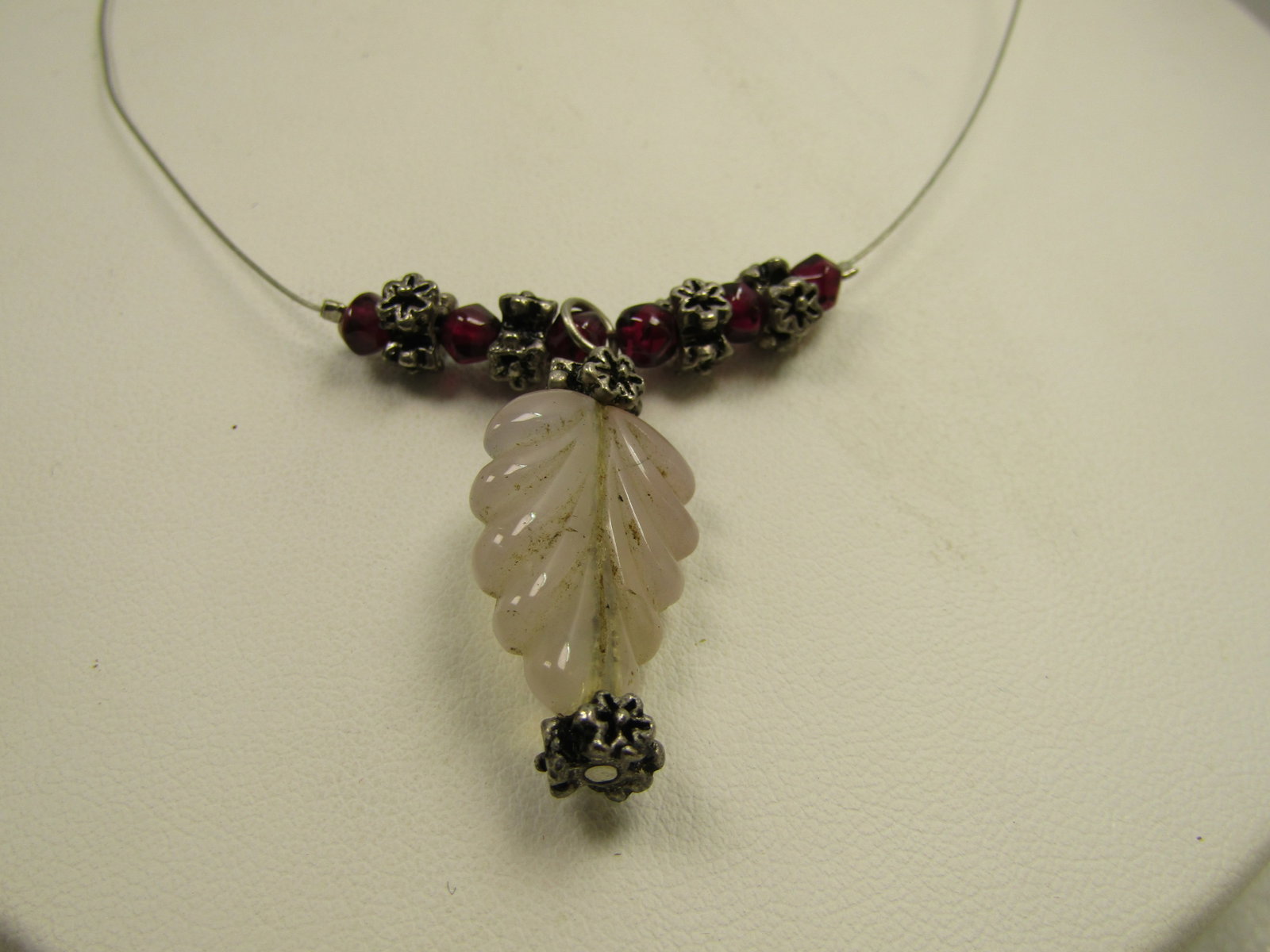 Pink Quartz & Garnet Necklace, Leaf Drop, 16", 1990's - 2