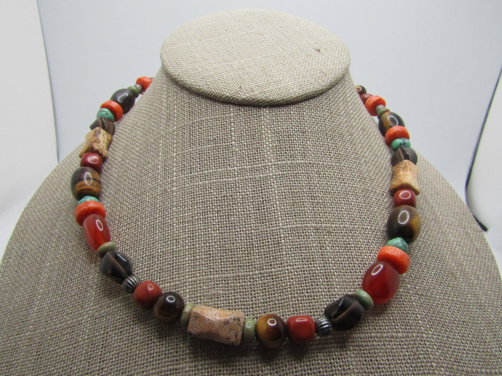 Sterling & Stone/Agate Necklace, 17", Southwestern Vibe, Ultrafine , E.R. Marks , 12009: Sterling & Stone/Agate Necklace, 17", Ultrafine , E.R. Marks , 2009. This necklace is a mix of round, squatty, disc, flutered, agates and stone beads including tiger's eye, turquoise, smoky quartz, in