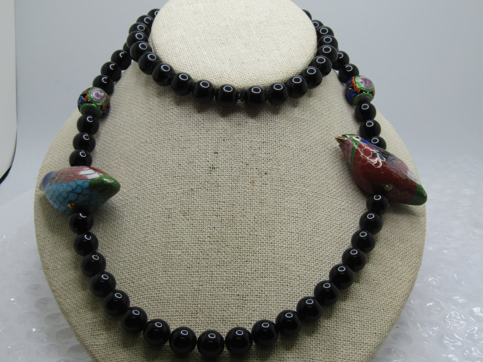 Vintage Cloisonne Bird & Beaded Onyx Necklace, 30" (1 of 6)