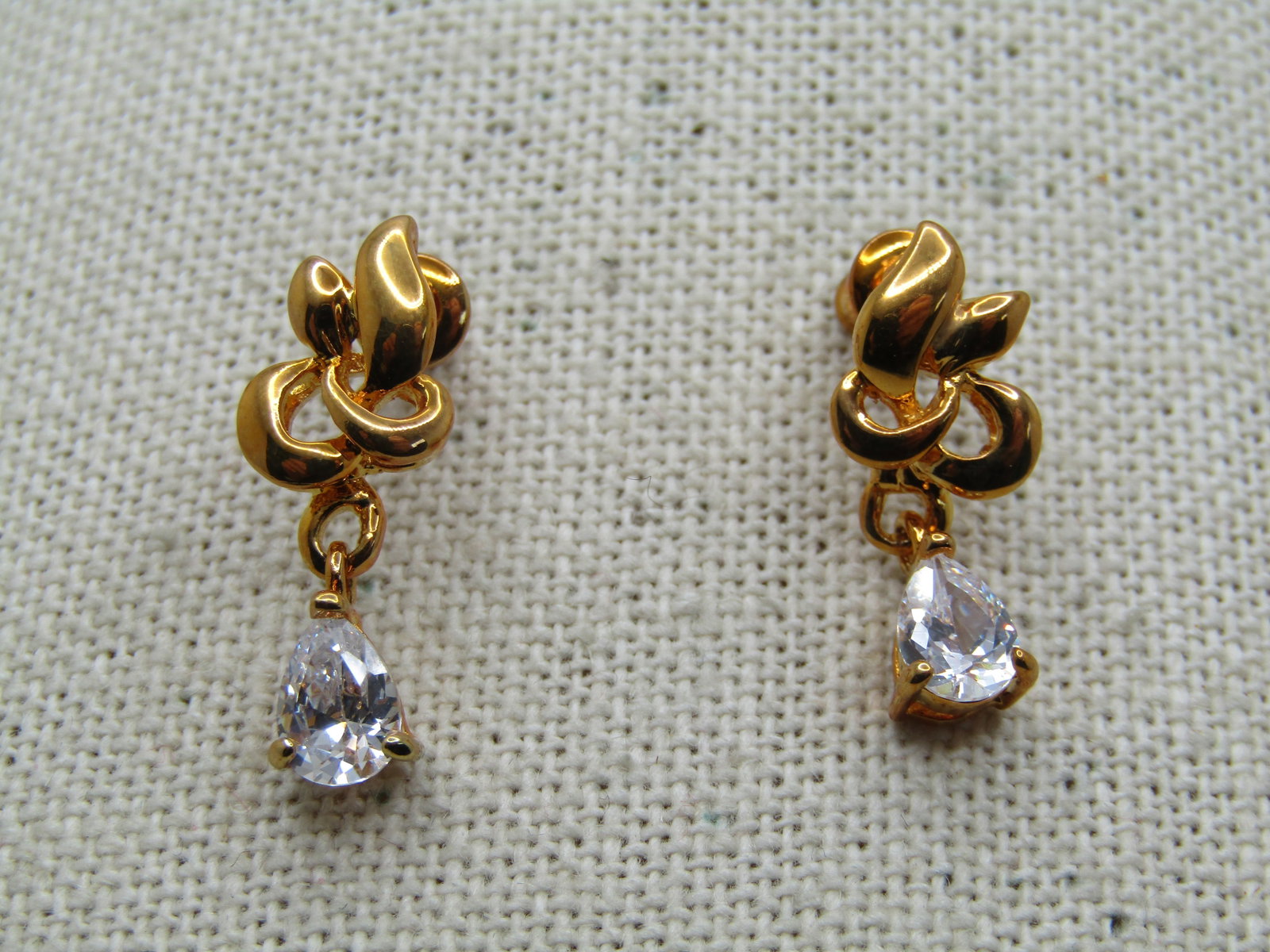 Gold Tone CZ Drop Earrings, Pierced, (1 of 5)