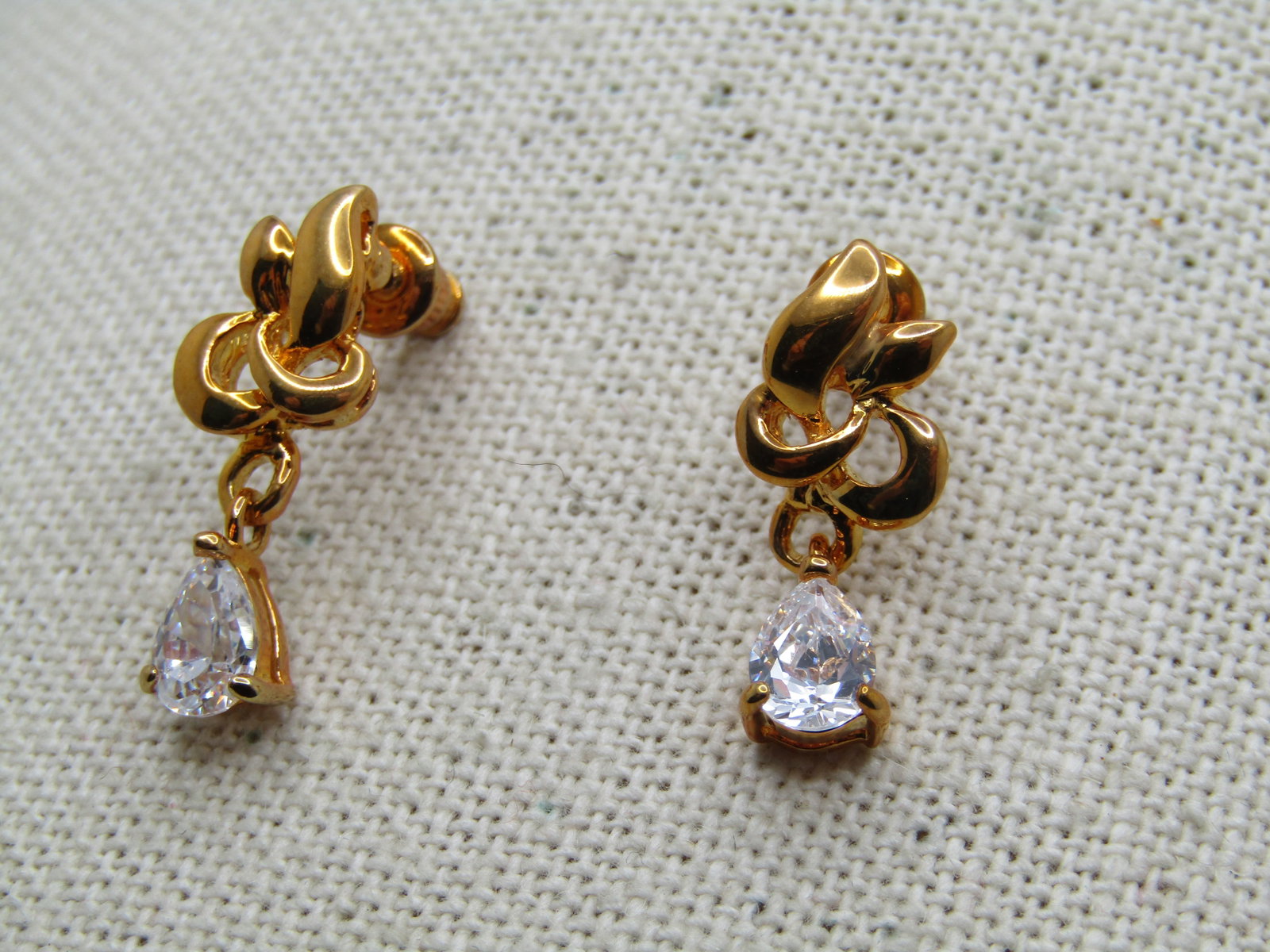 Gold Tone CZ Drop Earrings, Pierced, - 2