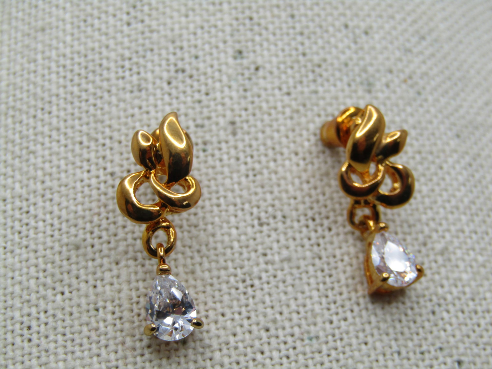 Gold Tone CZ Drop Earrings, Pierced, - 3
