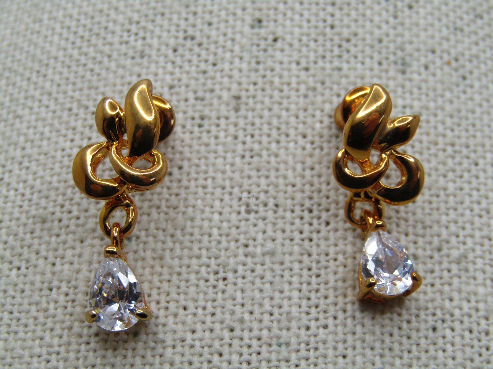 Gold Tone CZ Drop Earrings, Pierced, - 4