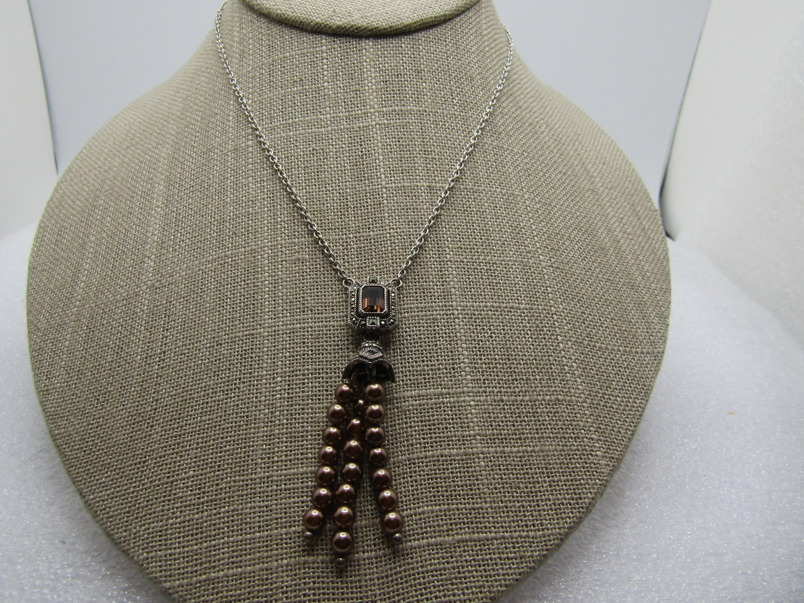 Vintage Sterling Marcasite Pearl Tassel Drop Necklace, 18", Lavalier, 1980's, Judith Jack (1 of 6)