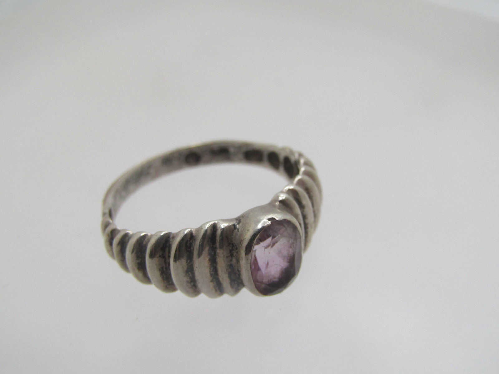 Vintage Sterling Amethyst Ring, Ridged Band, Sz. 7.75, Signed - 4