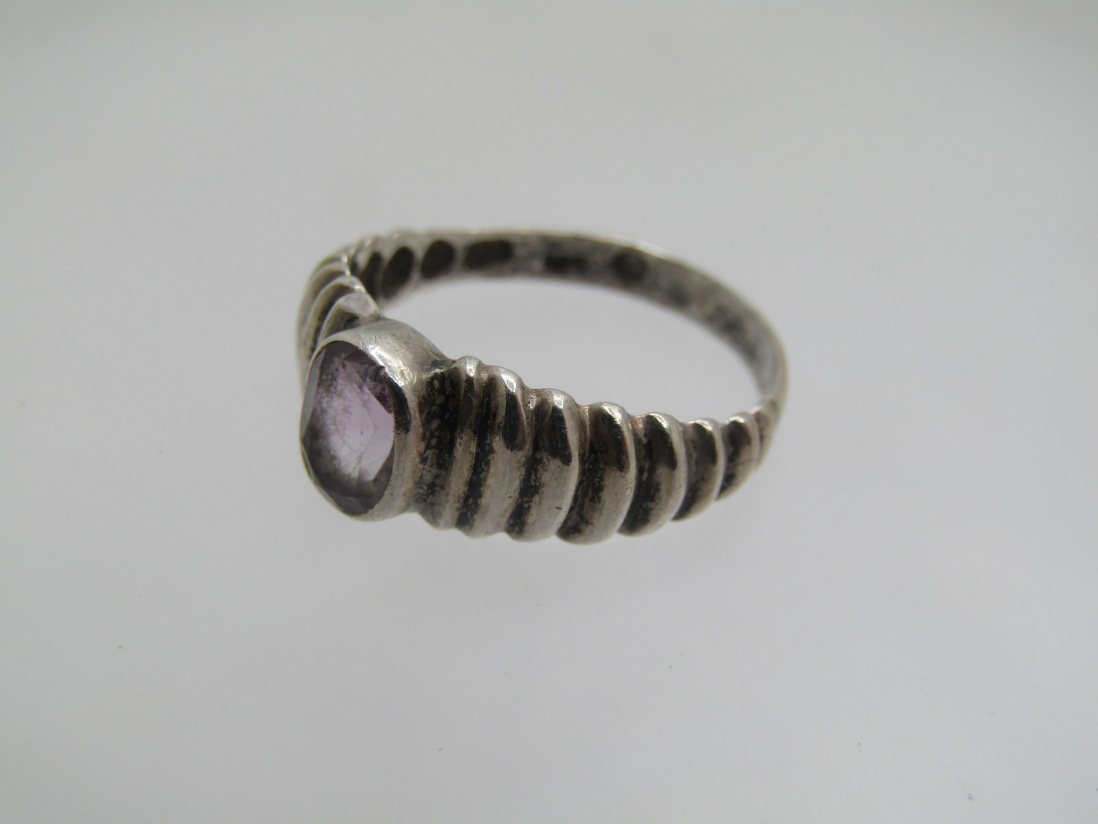 Vintage Sterling Amethyst Ring, Ridged Band, Sz. 7.75, Signed - 5