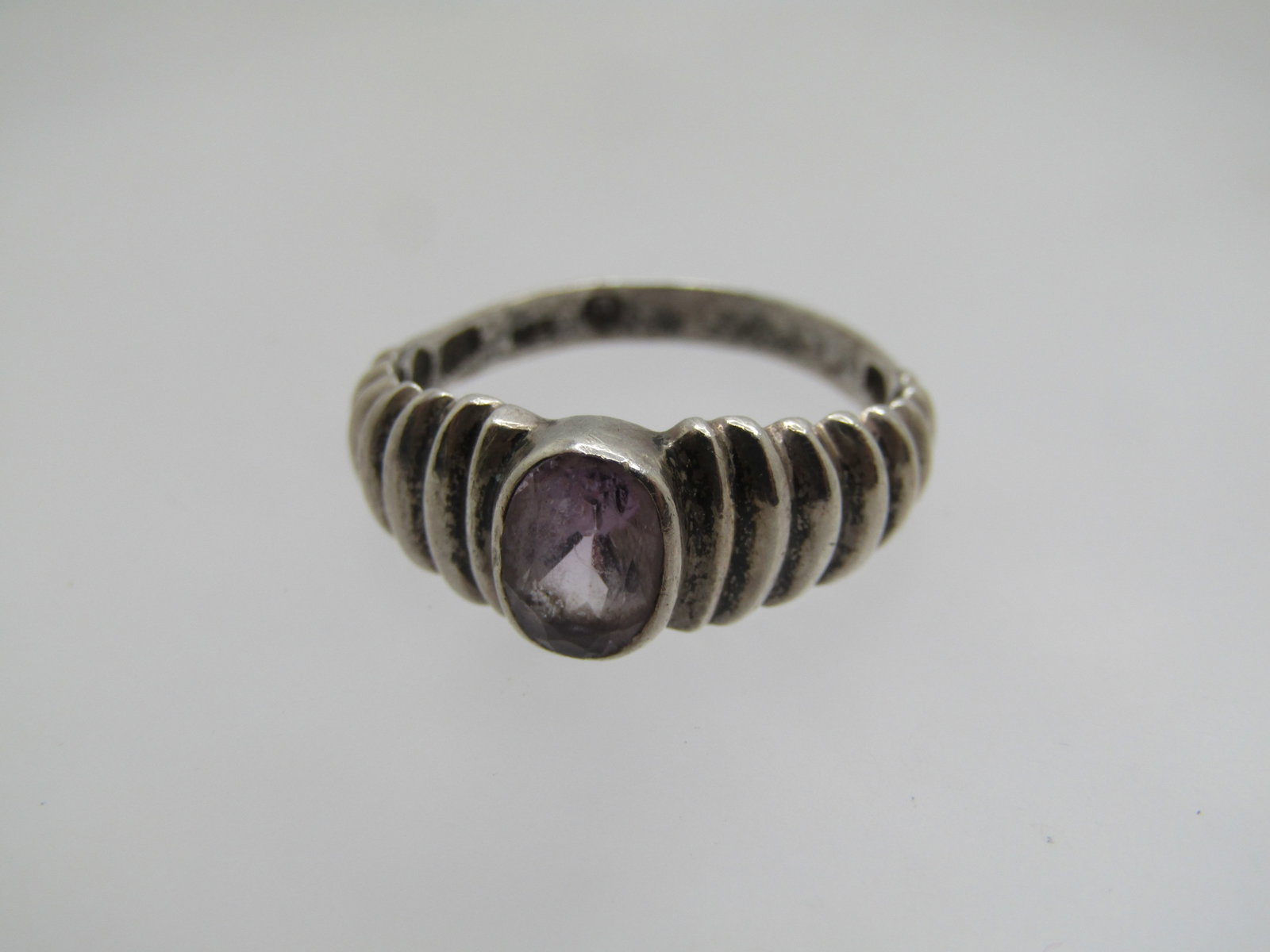 Vintage Sterling Amethyst Ring, Ridged Band, Sz. 7.75, Signed - 6