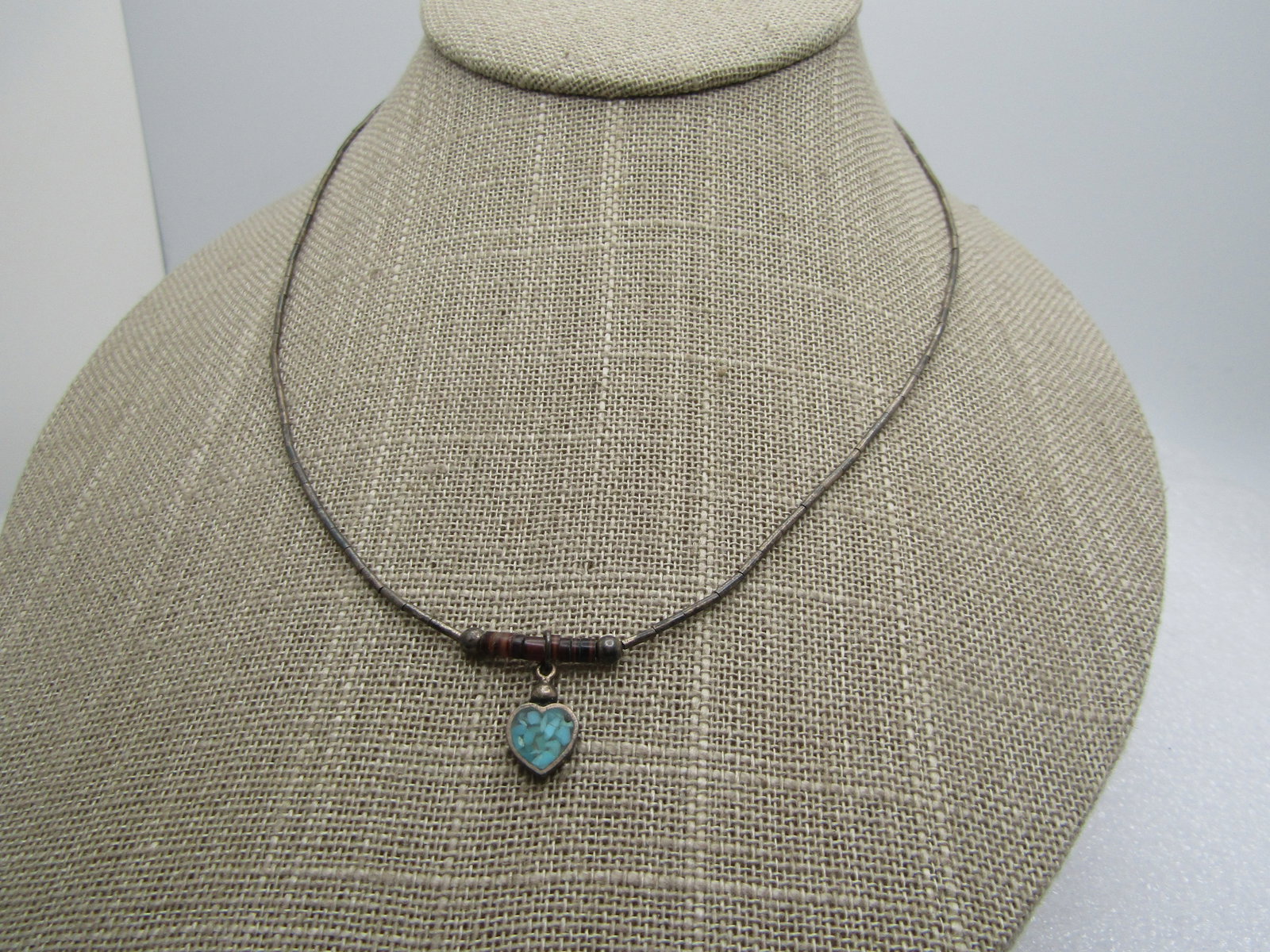 Vintage Sterling Inlaid Turquoise Heart Necklace, Shell Heishi Beads, 16", 1960's-1970's (1 of 6)