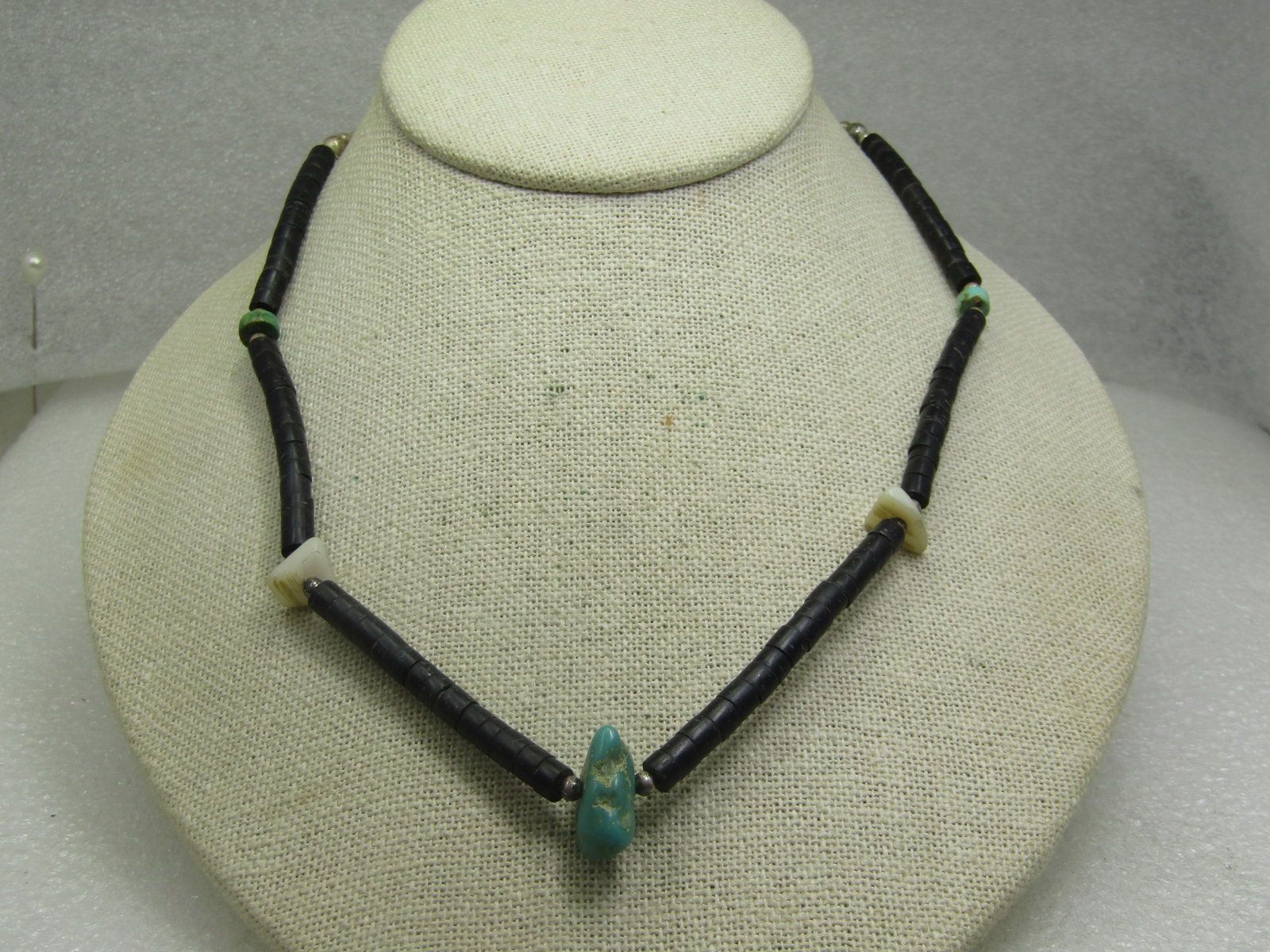 Vintage Heishi Turquise Necklace, 18", 1970's: Vintage Heishi Turquise Necklace, 18", 1970's. Southwestern themed heishi necklace with a main turquoise nugget and smaller rounded beads / The brown beads are appx. 5mm wide and the nugget is appx. 3