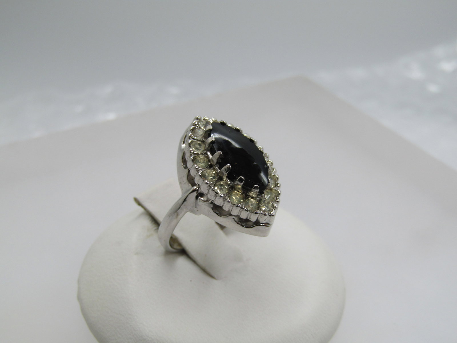 Vintage Black & Clear Rhinestone Ring, Marked Sterling, Sz. 4.5 - 6