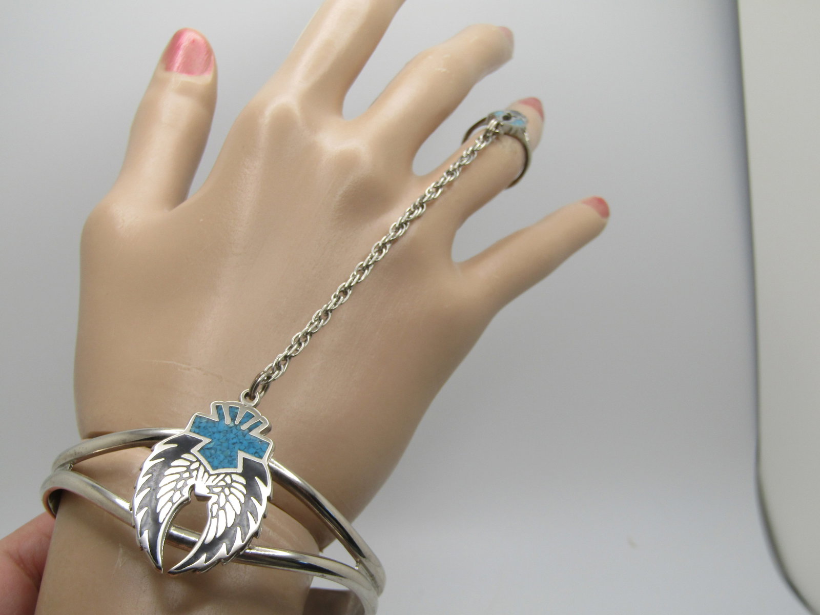 Vintage Enameled & Turquoise Chip Biker Bracelet with Attached Ring, 7" and Sz. 4.5 - 5