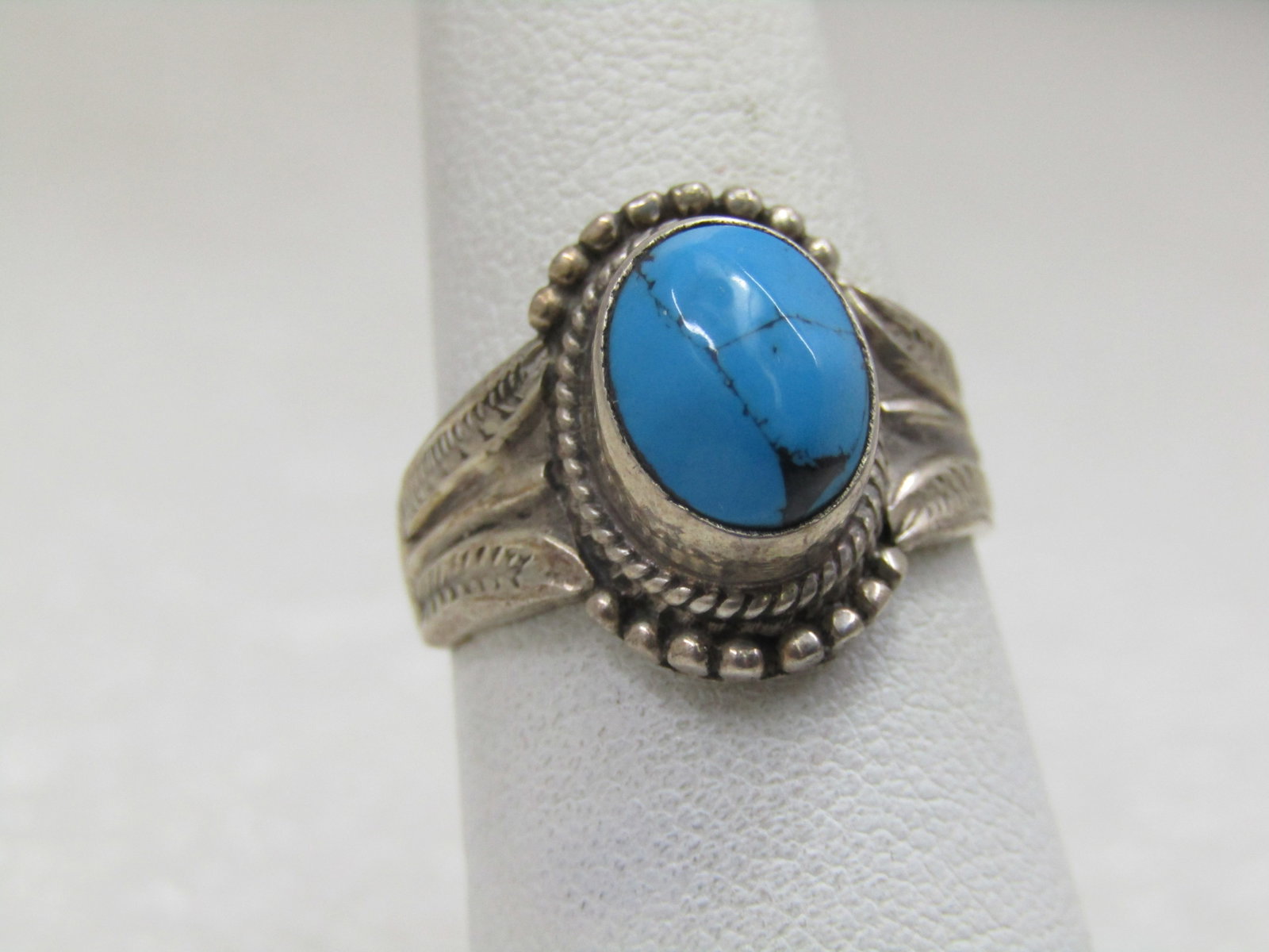 Sterling Southwestern Turquoise Ring, Sz. 7.5, also Bali Themed - 2