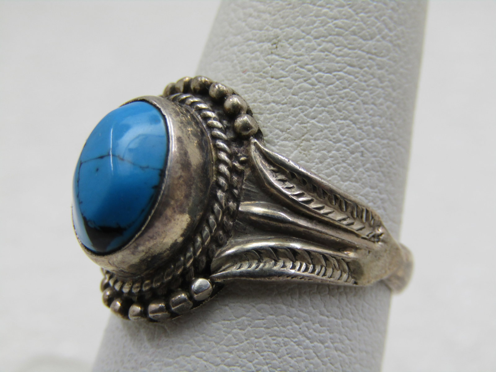 Sterling Southwestern Turquoise Ring, Sz. 7.5, also Bali Themed - 3