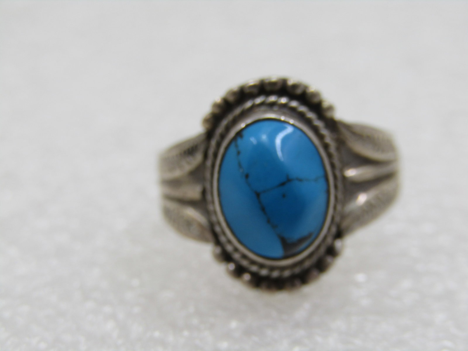 Sterling Southwestern Turquoise Ring, Sz. 7.5, also Bali Themed - 4
