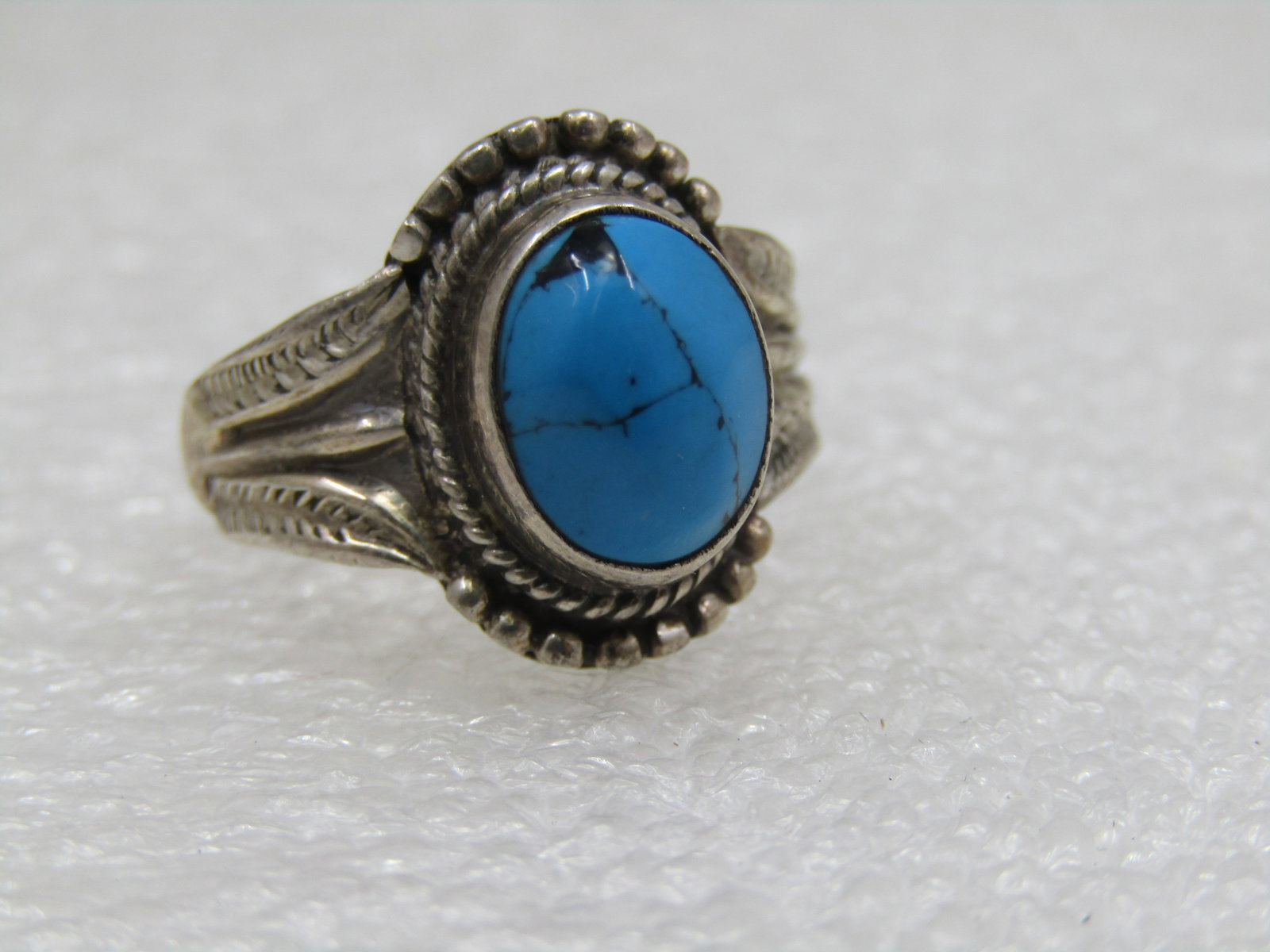 Sterling Southwestern Turquoise Ring, Sz. 7.5, also Bali Themed - 6