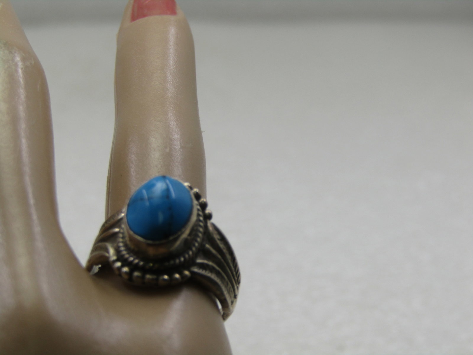 Sterling Southwestern Turquoise Ring, Sz. 7.5, also Bali Themed - 7