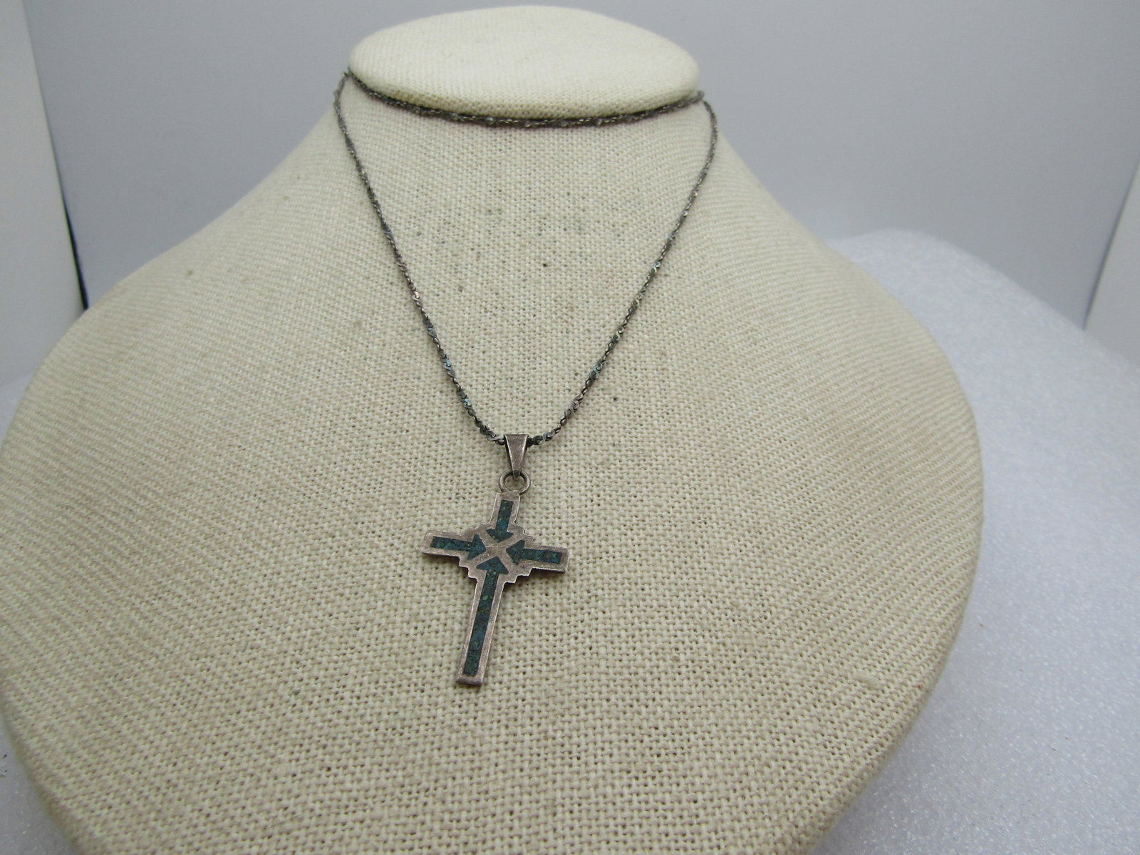 Vintage Sterling Inlaid Turquoise Necklace, 24", Unisex, 1960's-1970's: Vintage Sterling Inlaid Turquoise Necklace, 24", Unisex, 1960's-1970's. The cross has a swing pendant and is appx. 1.5" tall by 3/4" tall. It has a herringbone twist chain that is appx. 1mm wide and