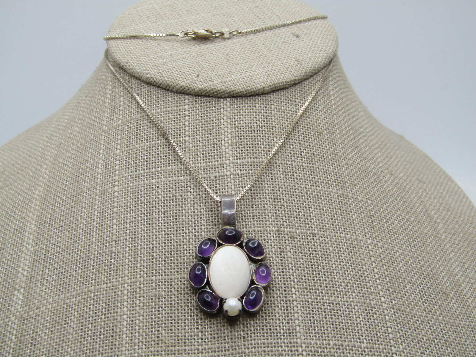 Vintage Sterling Amethyst Faux Perl Necklace, 20", 1980's-1990's - 2