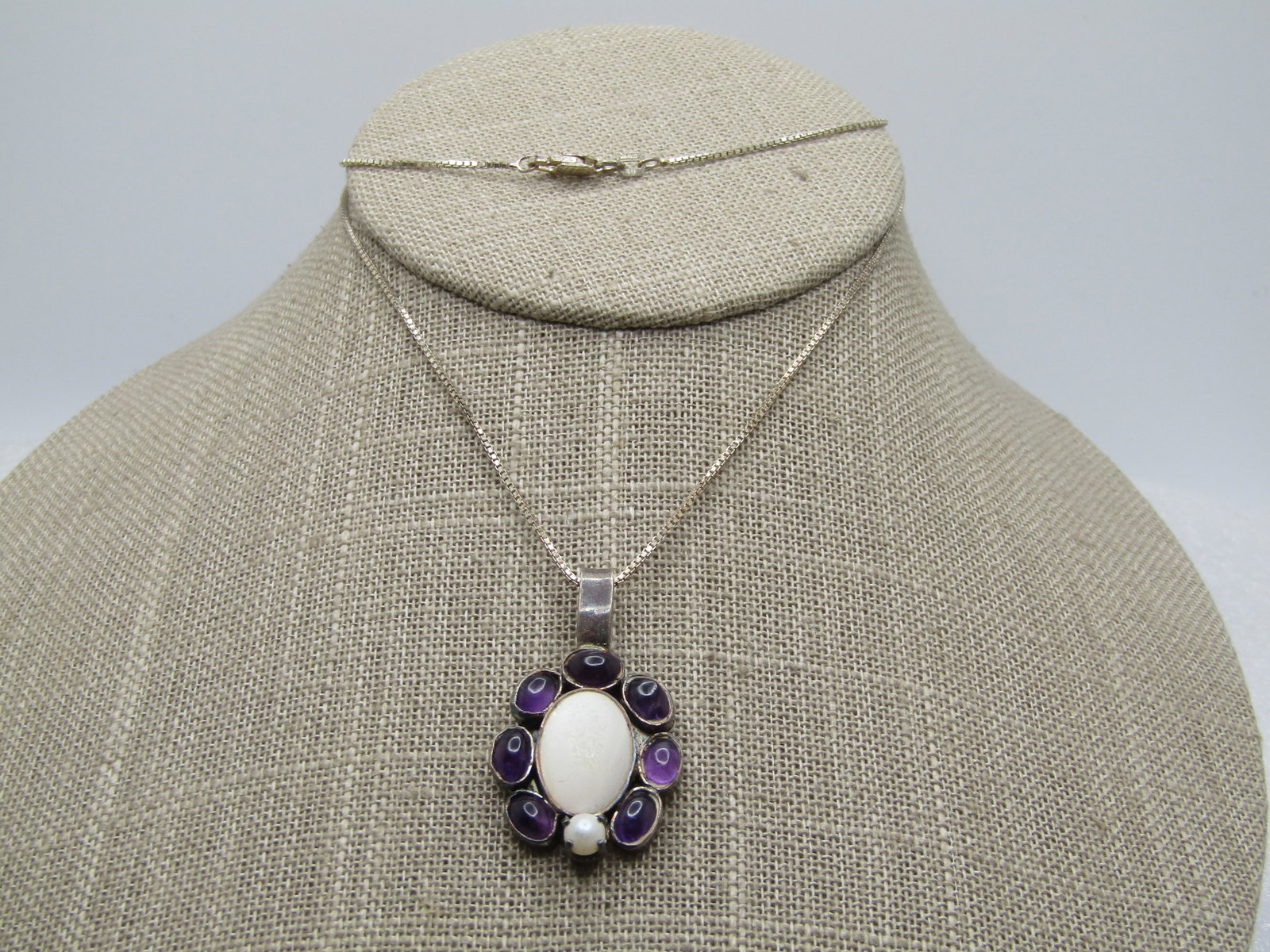Vintage Sterling Amethyst Faux Perl Necklace, 20", 1980's-1990's - 3