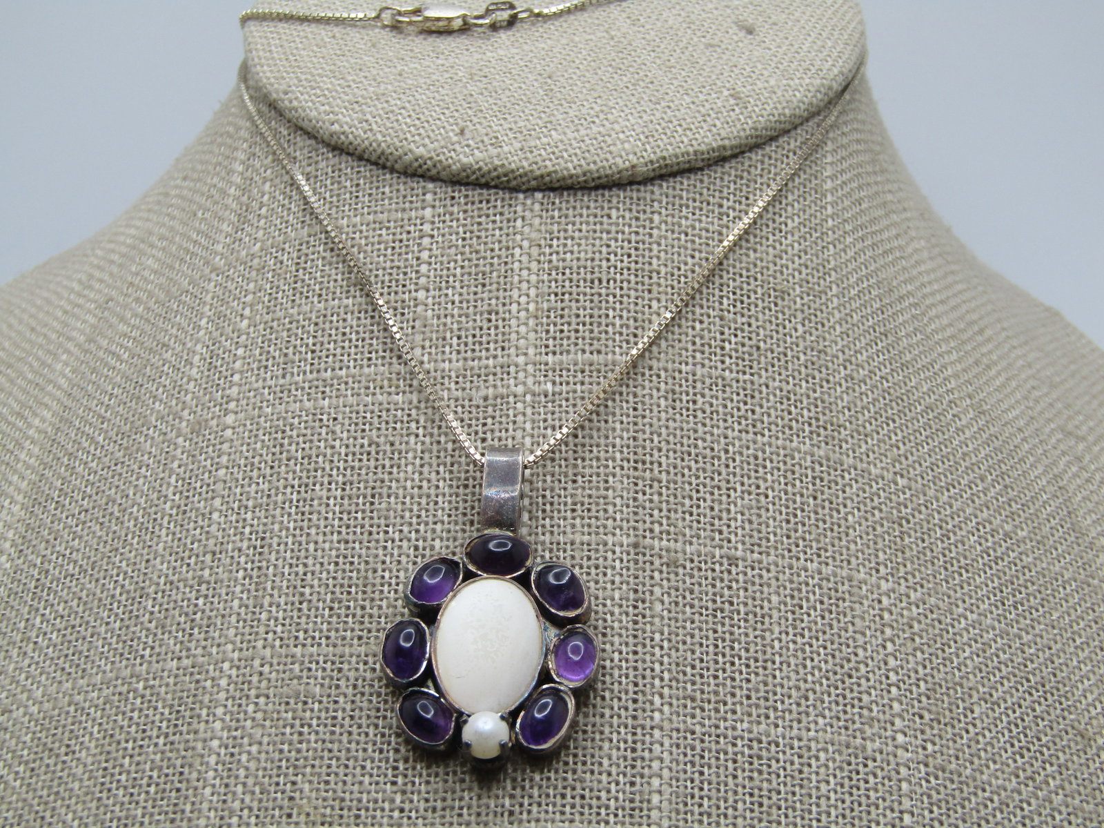 Vintage Sterling Amethyst Faux Perl Necklace, 20", 1980's-1990's - 5