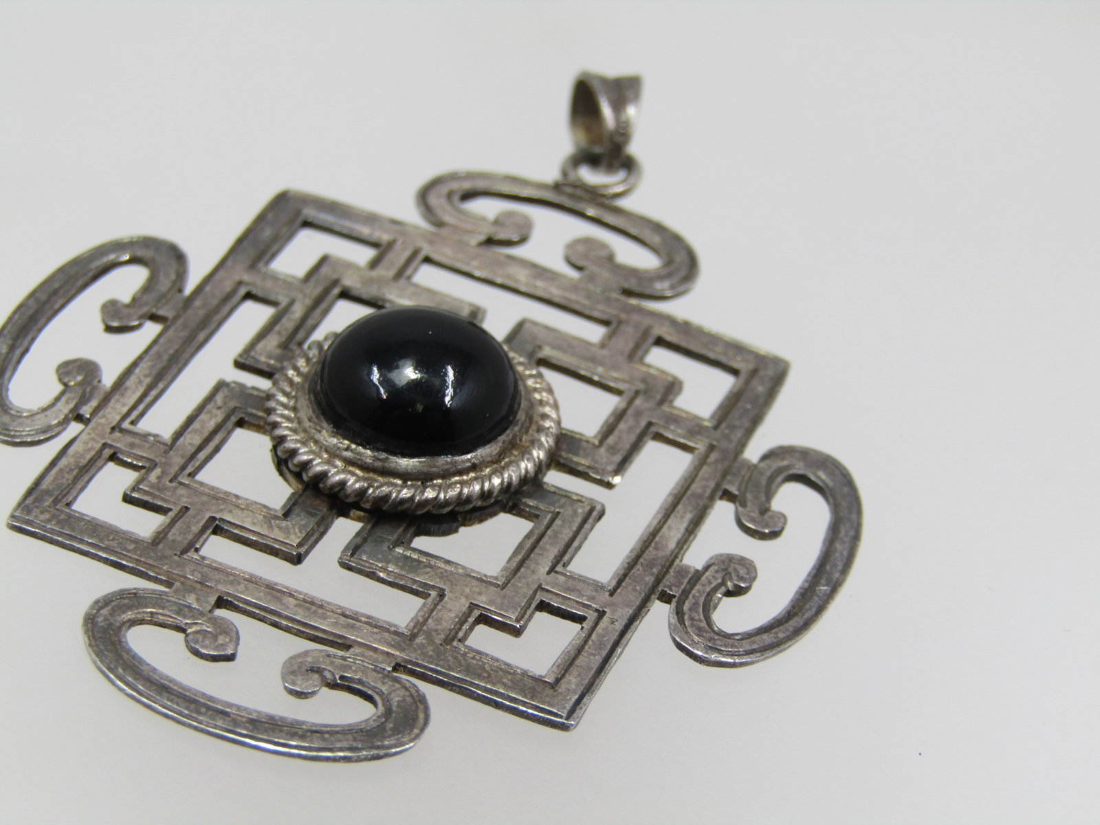 Vintage Sterling Onyx Pendant, Asian/Bali Themed, 2-3/8" - 2